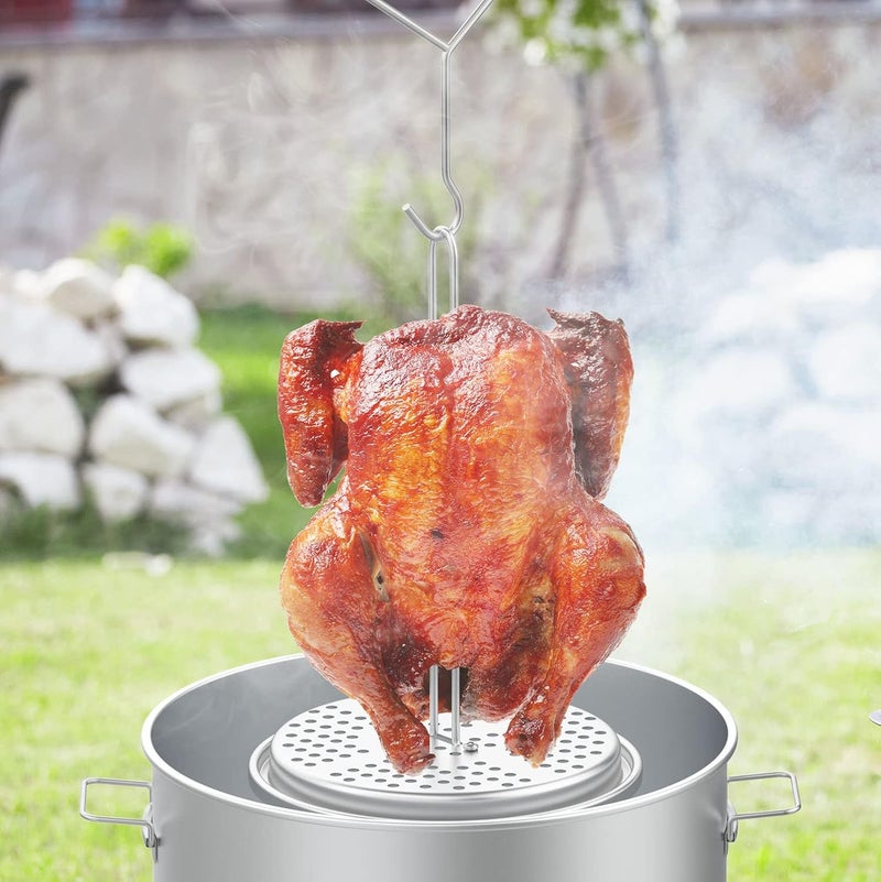 MixRBBQ خطاف مقلاة الديك الرومي المثقوب مع قاعدة رف، سيخ شواء عمودي من الفولاذ المقاوم للصدأ للدجاج والدواجن مع مقبض لرفعها لمقلاة الديك الرومي الخارجية، مجموعة ملحقات مقلاة الديك الرومي - Image 5